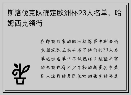 斯洛伐克队确定欧洲杯23人名单，哈姆西克领衔